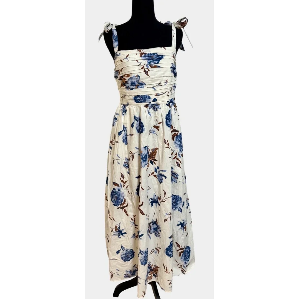 Abercrombie & Fitch Floral‎ Midi Dress Womens S White Blue Excellent Tie Strap